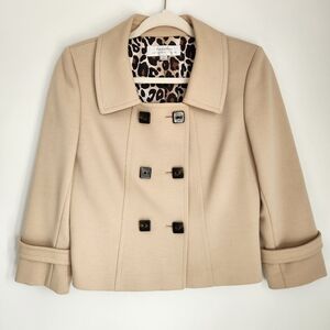 Tahari ASL Beige Double Breasted Blazer 3/4 Belted Sleeve Square Buttons Size 4